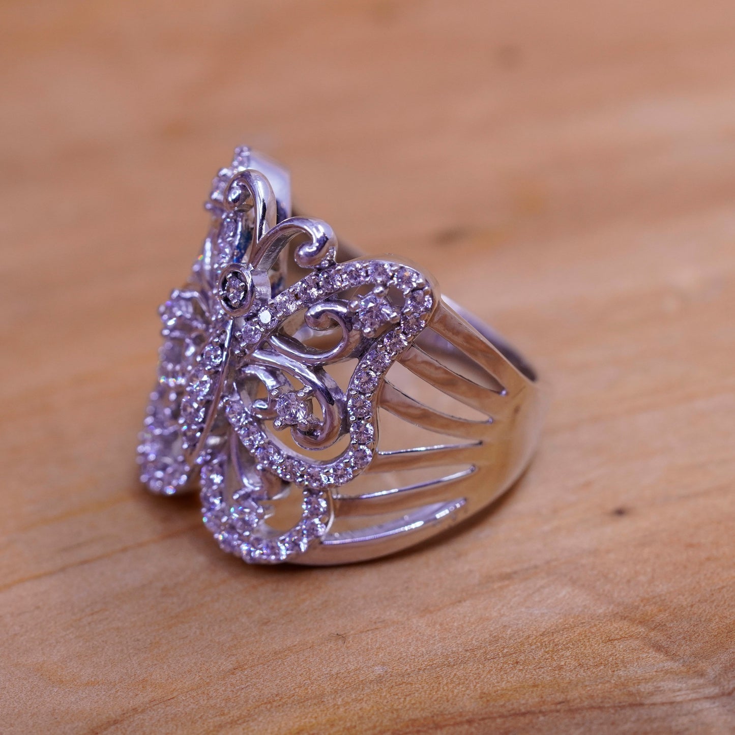 Size 10, vintage SJD Sterling silver ring, 925 butterfly with cluster Cz
