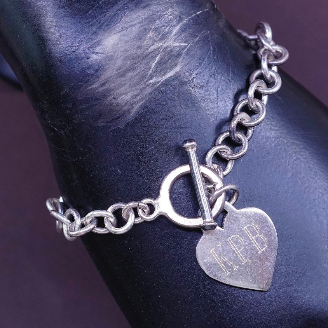 6.25", 7mm, vtg Sterling 925 silver handmade monogram “KPB” bracelet toggle