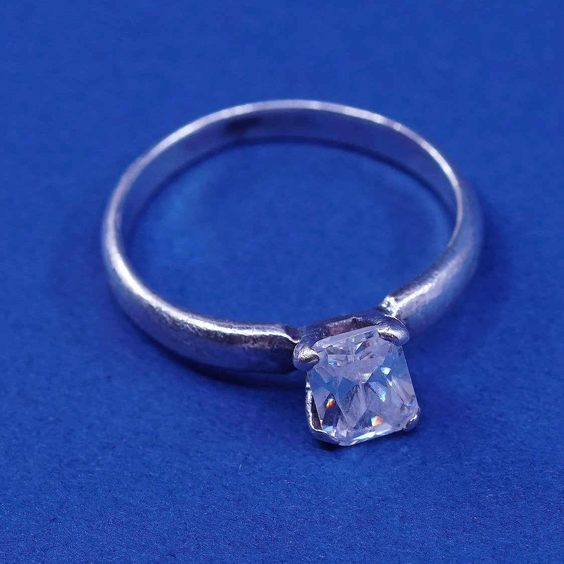 sz 6, vtg Sterling silver handmade ring, 925 engagement ring w/ crystal