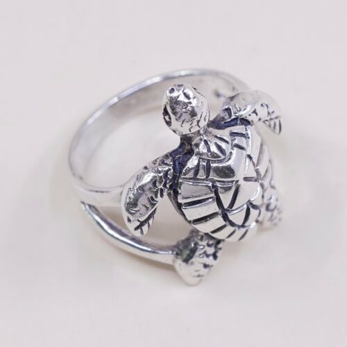Size 5.75, Mexico Handmade Sterling 925 Silver Sea Turtle Band Ring, Stamped 925