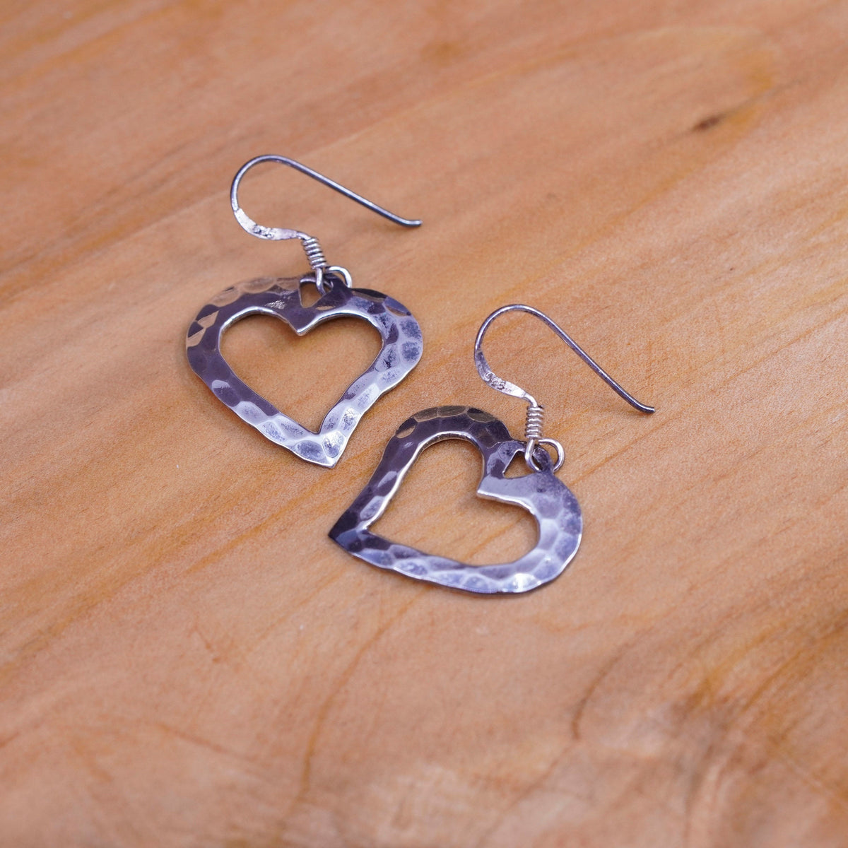 Vintage Sterling silver handmade earrings, 925 hammered heart drops