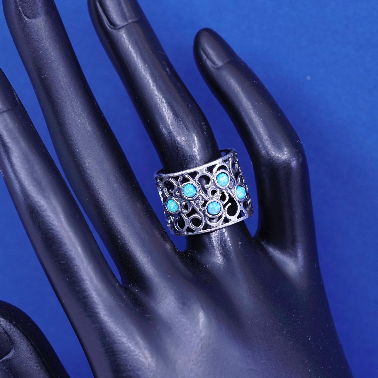 Size 8, vtg Israel sterling silver ring, handmade 925 filigree band w/ opal