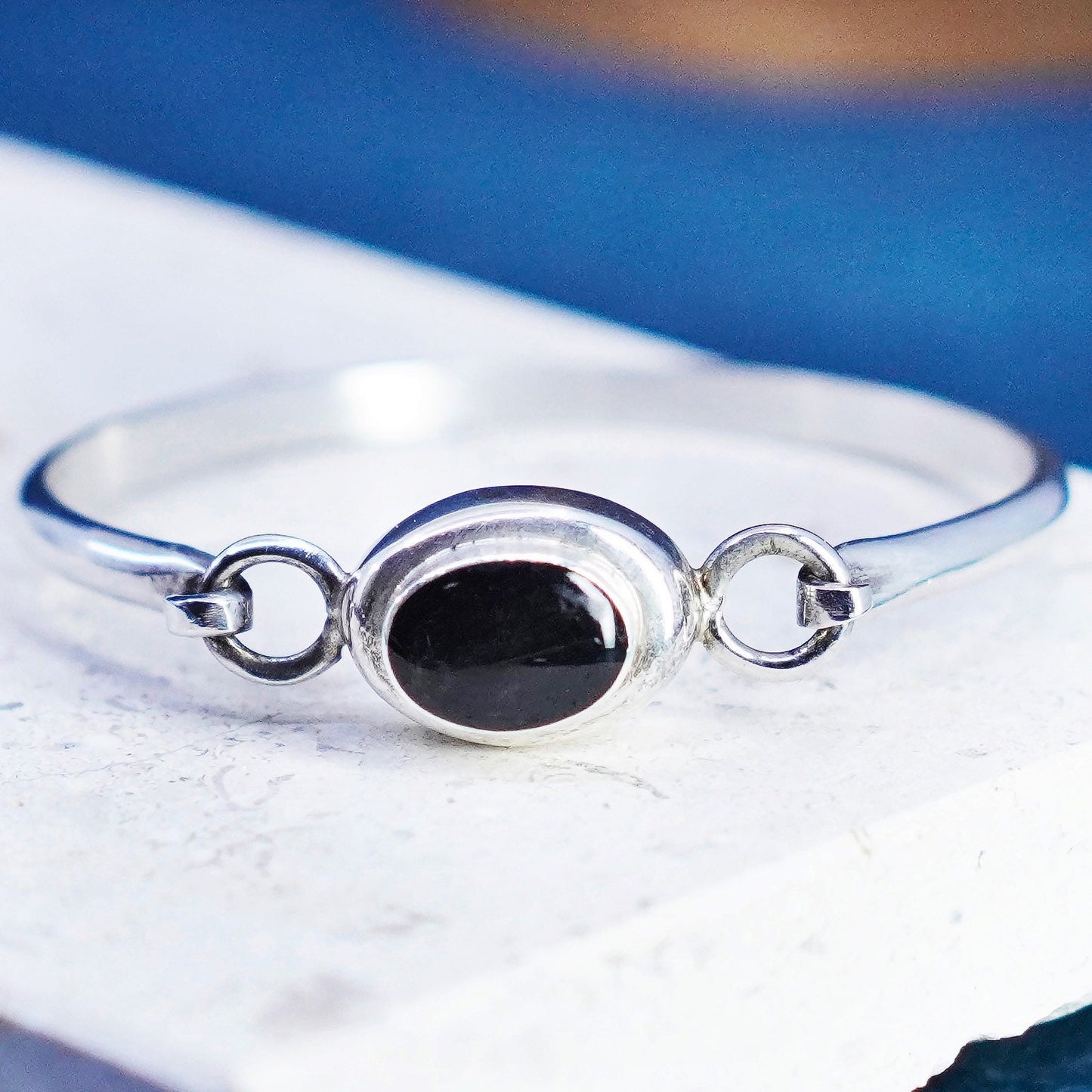 6.5”, vintage Sterling silver handmade bracelet, 925 hinged bangle black onyx