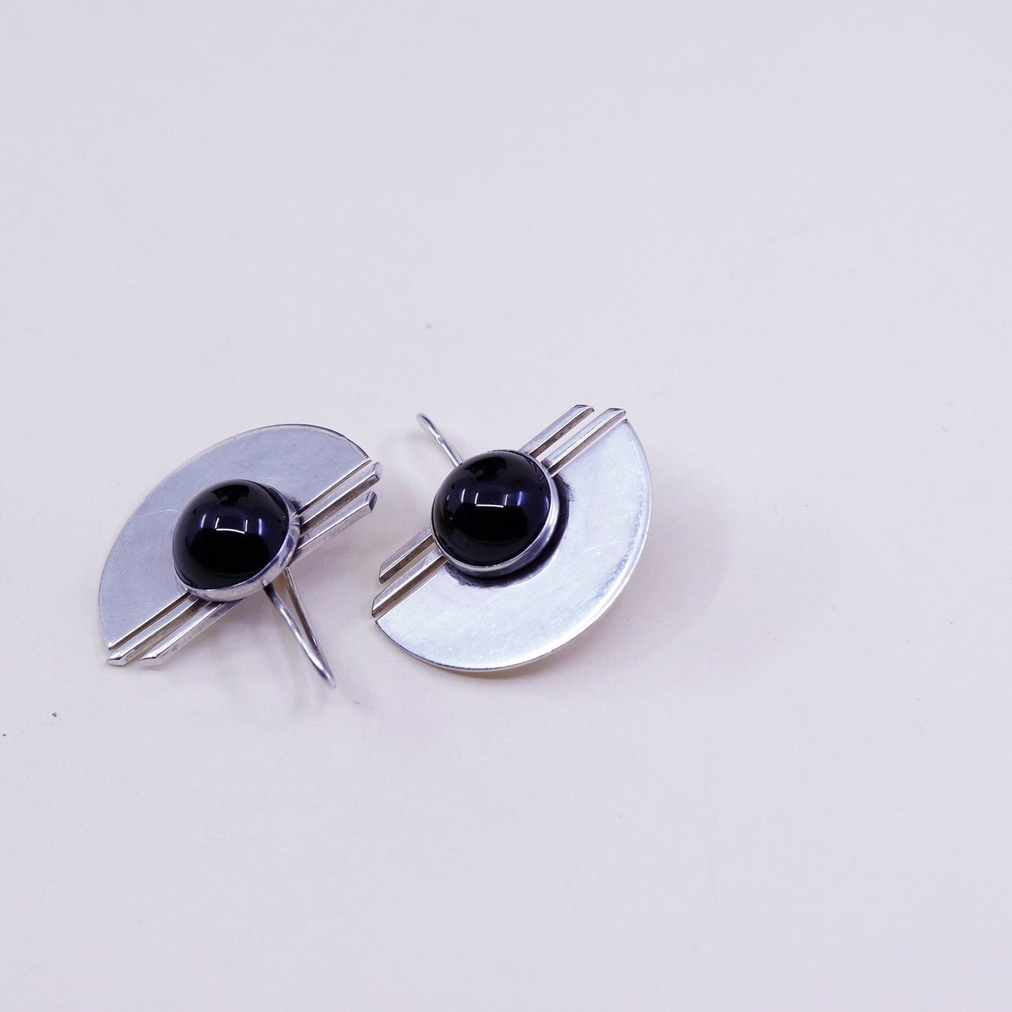 Vintage PJP gold filled sterling silver handmade drop earrings, modern 925 disc with black onyx, stamped sterling GF PJP