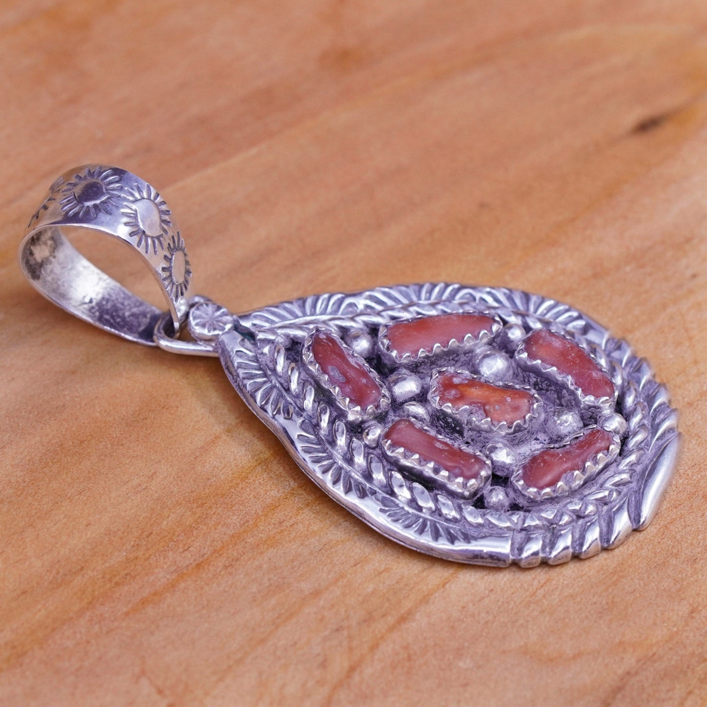 Native American sterling 925 silver teardrop pendent coral, southwestern Navajo
