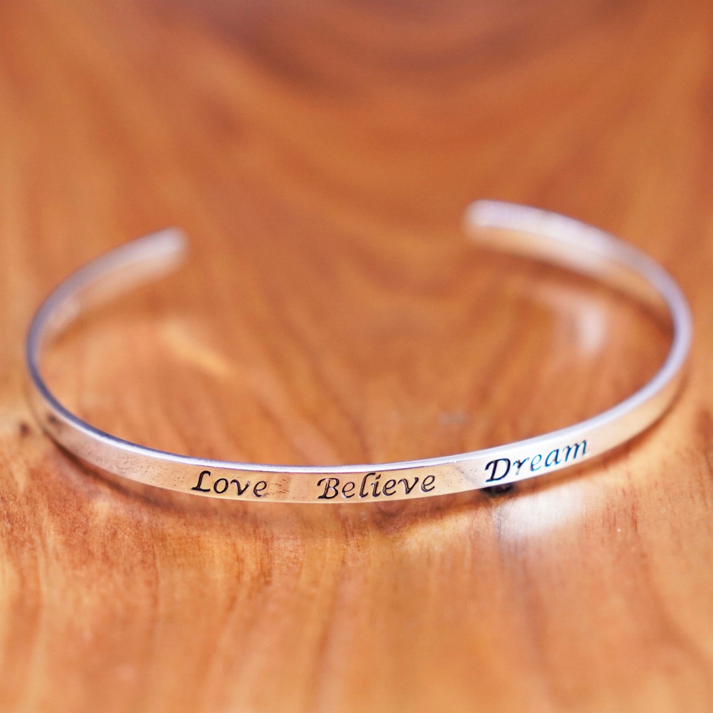7.5”, sterling silver handmade bracelet, quote 925 cuff “love believe dream”