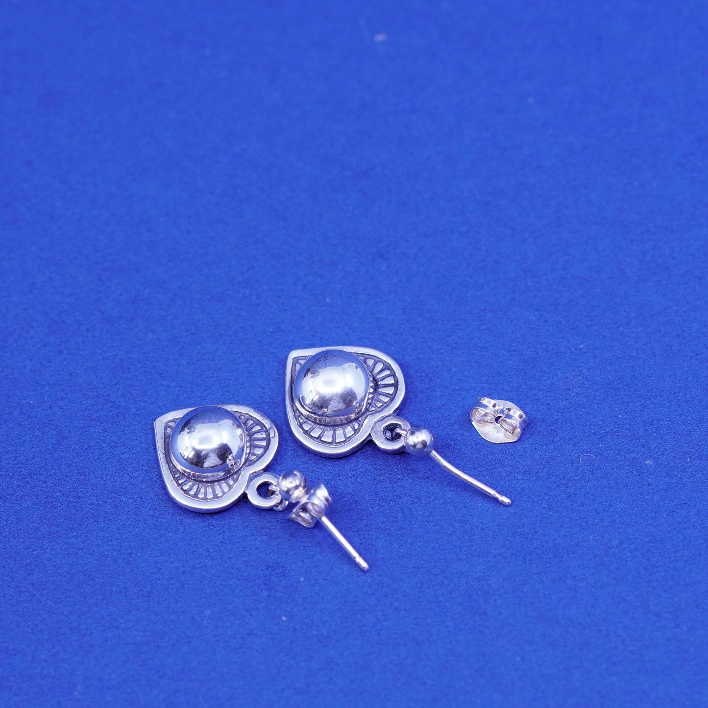 Vintage Sterling silver handmade earrings, 925 heart Dangles