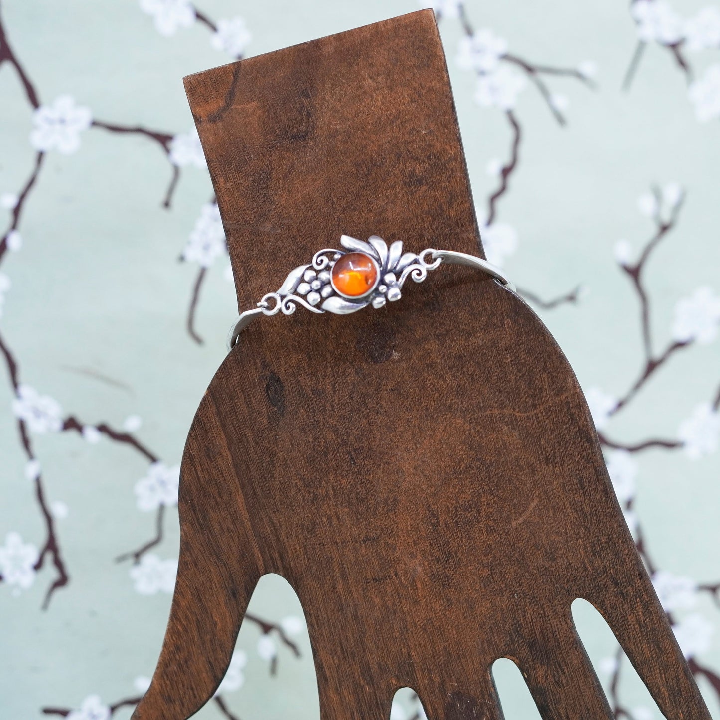 6”, Boma sterling 925 silver handmade tennis leafy bangle bracelet with amber