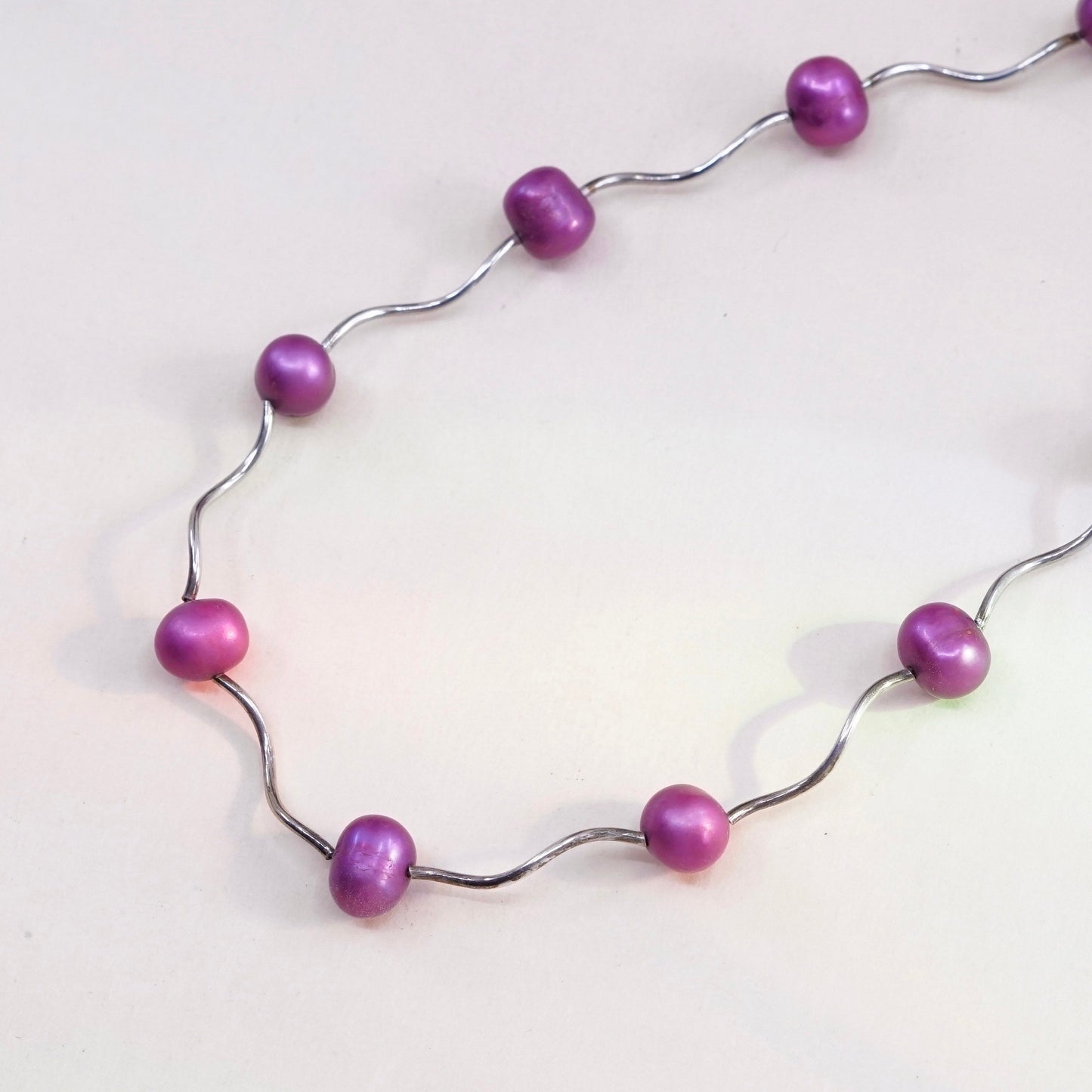 16”+2”, vtg Sterling silver handmade necklace, 925 liquid chain W/ pink pearl