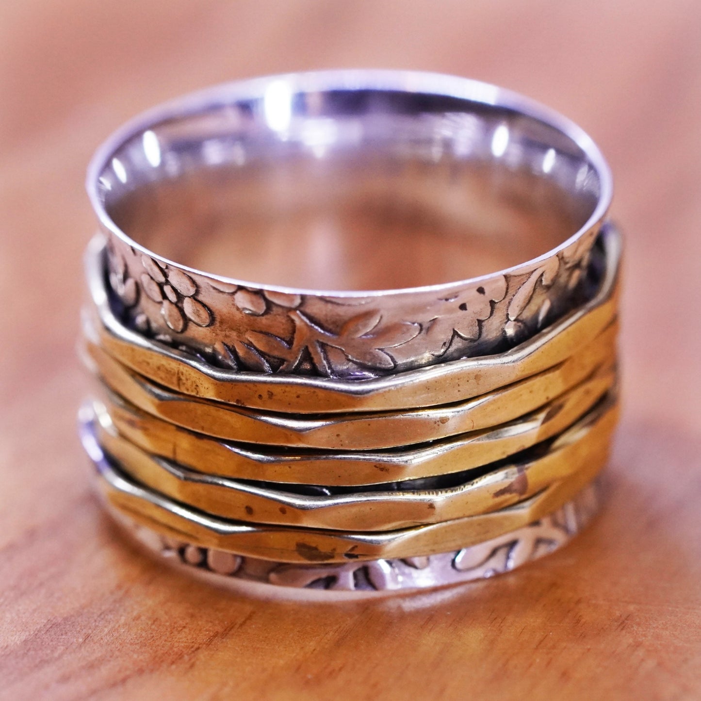 Size 8.25, vintage Sterling silver handmade ring, 925 band with brass spinner