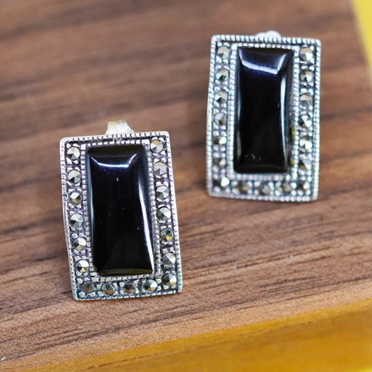 Vintage Sterling 925 silver handmade rectangular studs earrings onyx marcasite