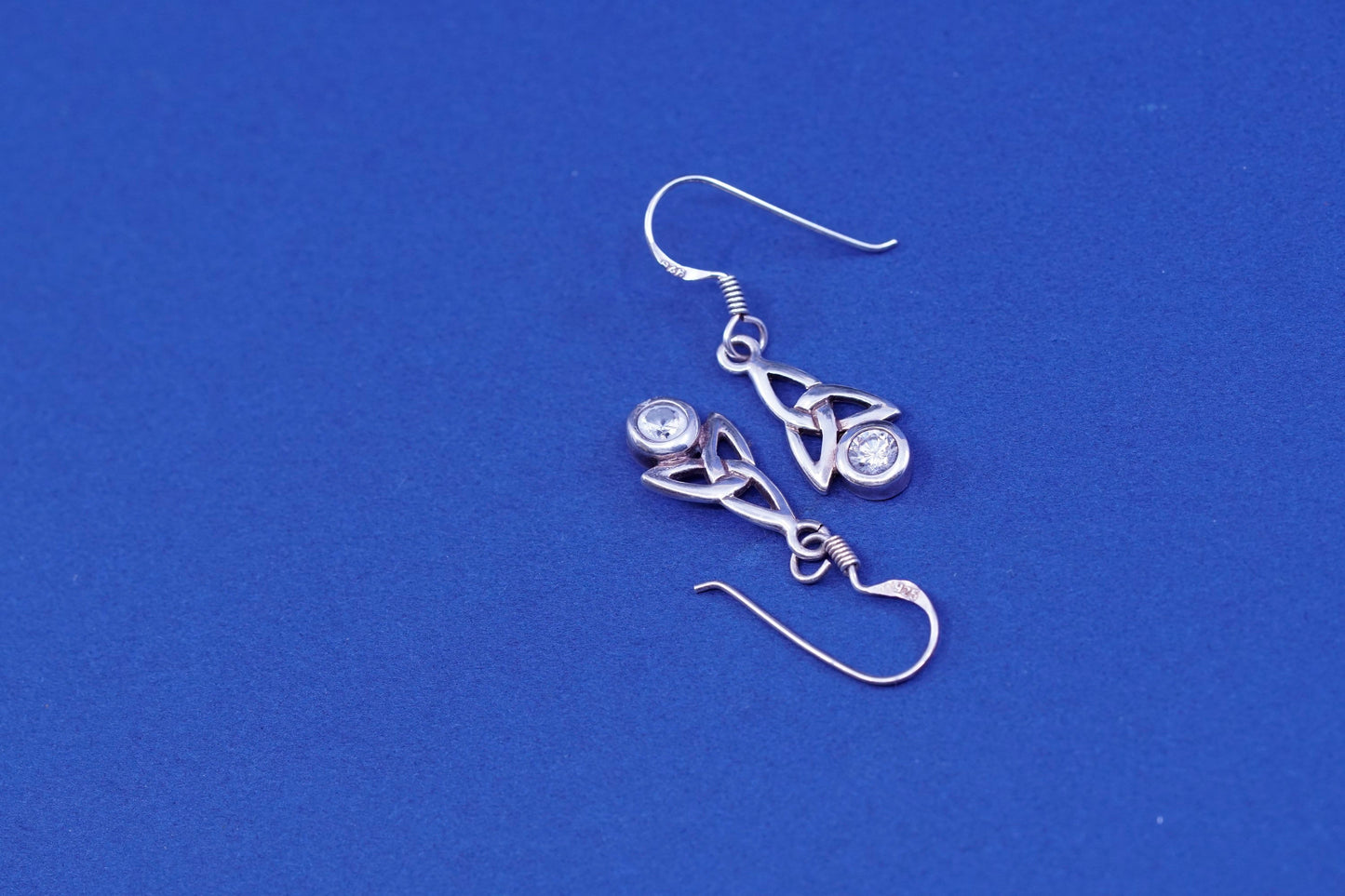 Vintage sterling silver handmade earrings, 925 filigree knot Irish drop with Cz