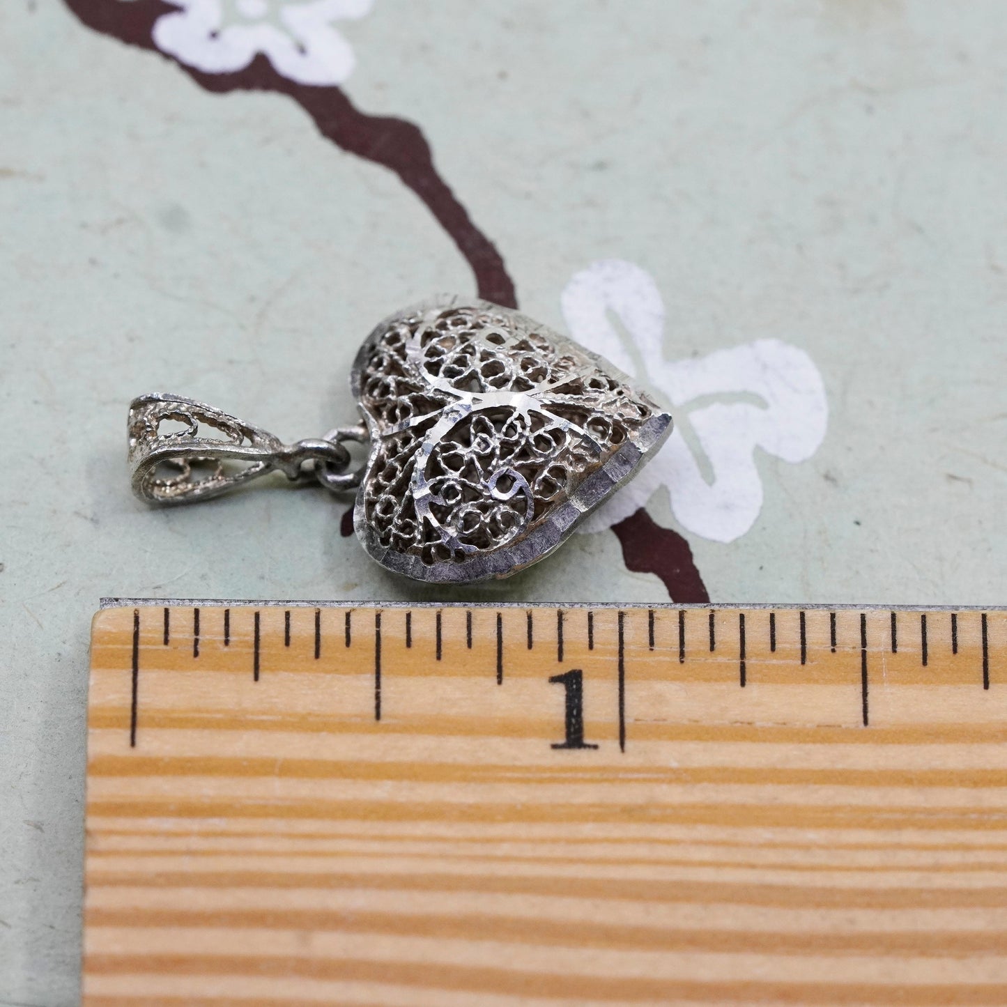 Vintage sterling silver handmade filigree pendant, 925 puffy heart charm