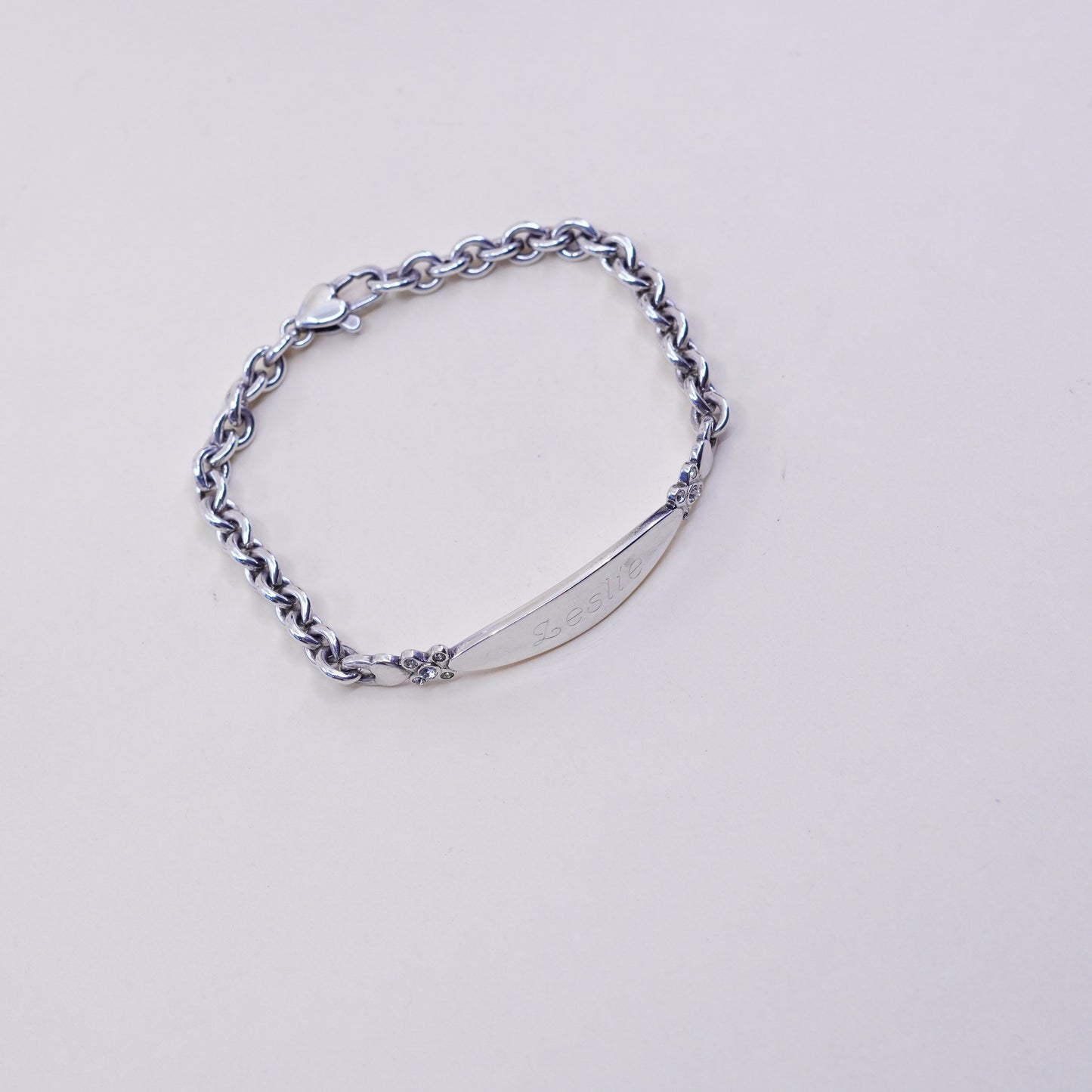 6.5”, vtg sterling silver bracelet, 925 circle chain with name “Leslie” bar tag