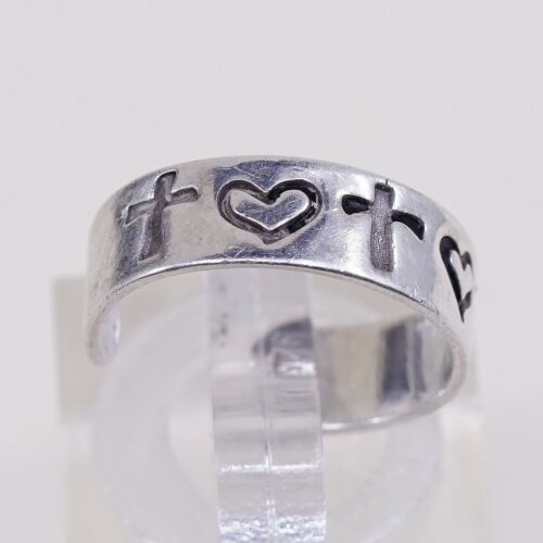 Sz 3.75, Vtg Sterling Silver Handmade Ring, 925 Silver Pinky Band W/ Heart Cross