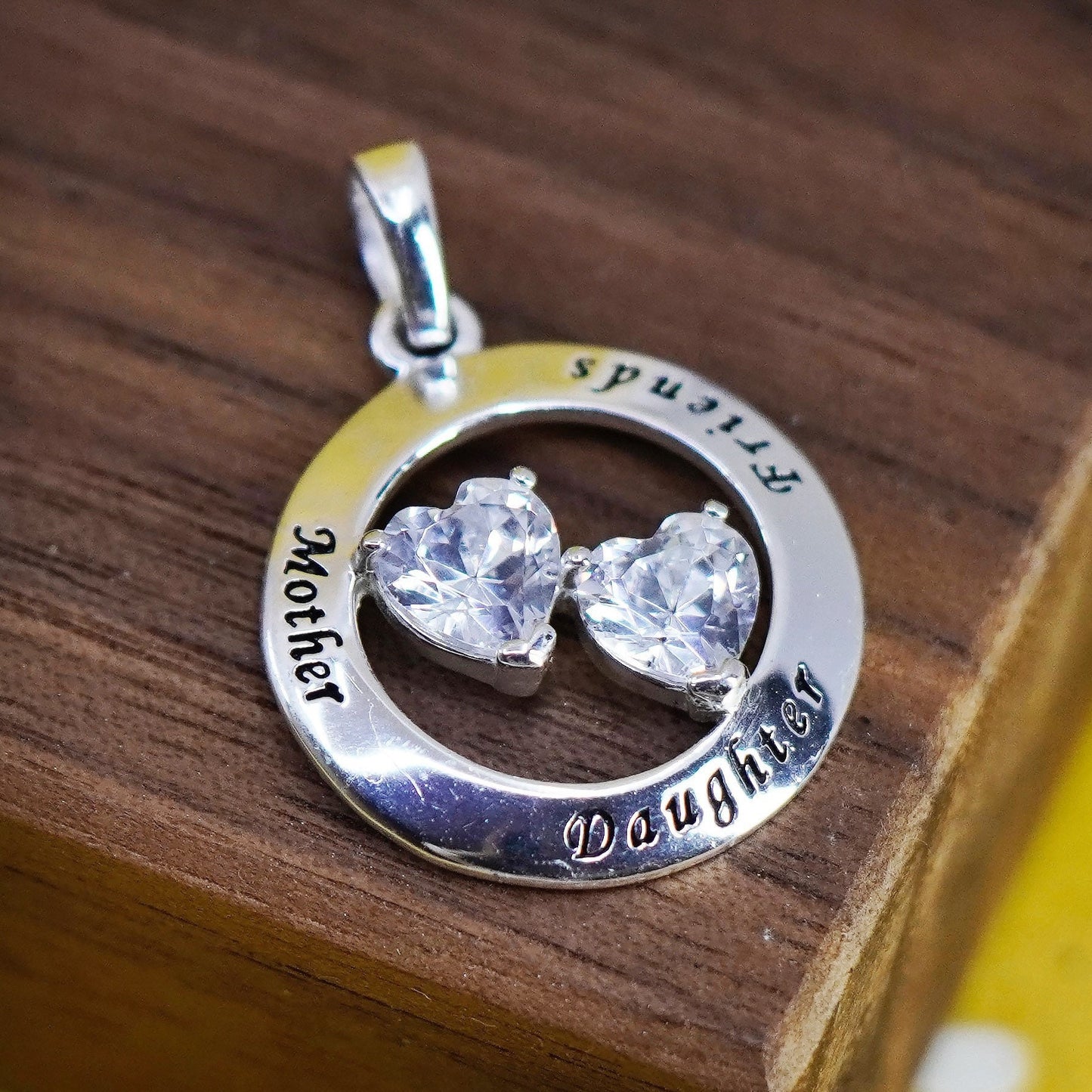 Vintage Sterling 925 silver mother daughter friends pendant with clear heart cz