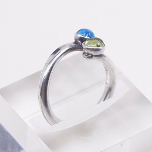 Sz 7, Vtg LE Southwestern Handmade Sterling Wrap Band Ring W/ Blue N Green Glass