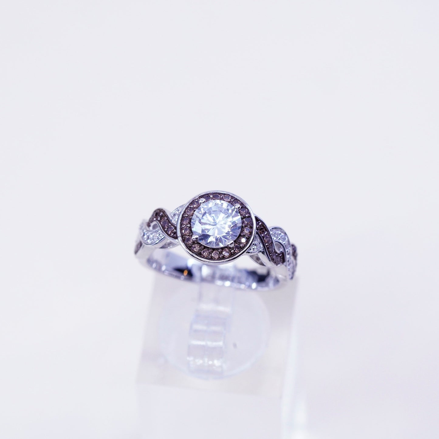 Size 7.25, two tone Sterling 925 silver entwined ring w/ Cz and cluster citrine