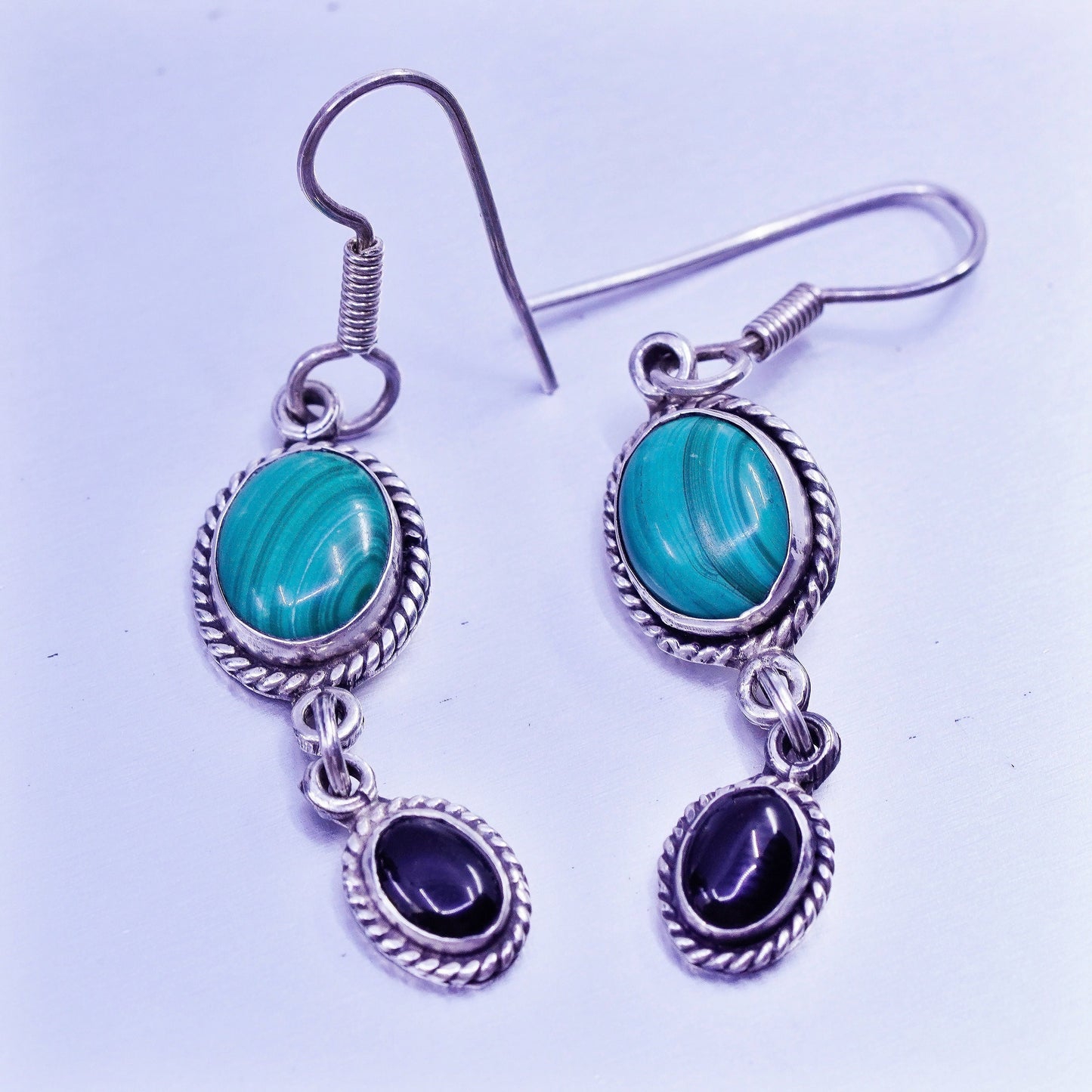 Vintage Sterling 925 silver oval earrings with malachite and obsidian