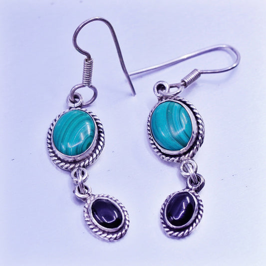 Vintage Sterling 925 silver oval earrings with malachite and obsidian