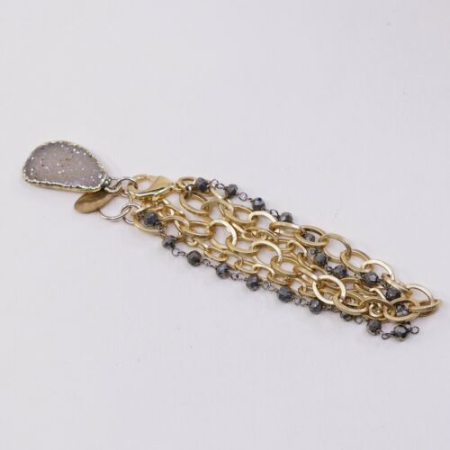 7” Gold Tone Multi Strands bracelet, Oval Chain W/ Hematite Beads N Druzy Charm
