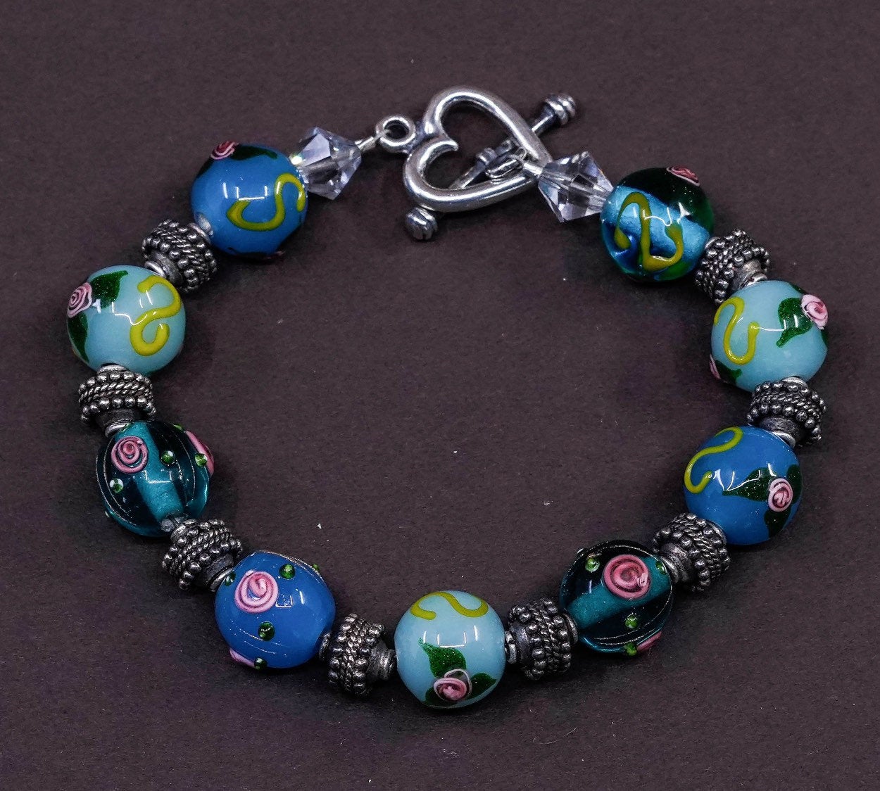 6.25", vtg Sterling 925 silver handmade bracelet, artisan glass beads w/ flower