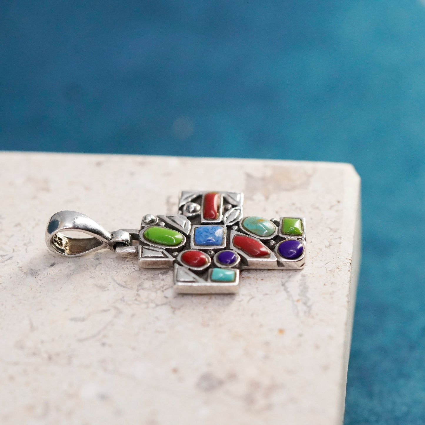 Vintage Sterling silver handmade pendant, 925 gemstone beads cross