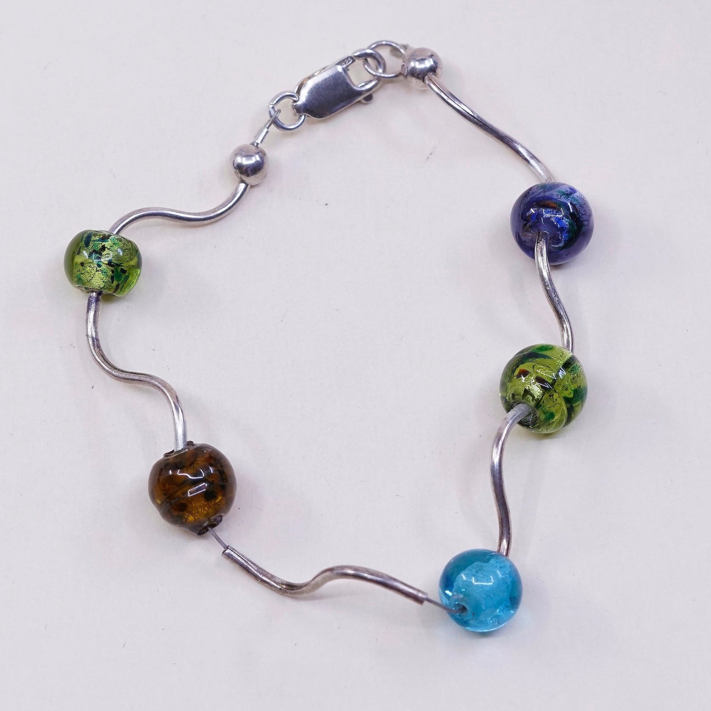 7”, 925 Sterling silver handmade bar and beads bracelet w/ artisan foiled glass