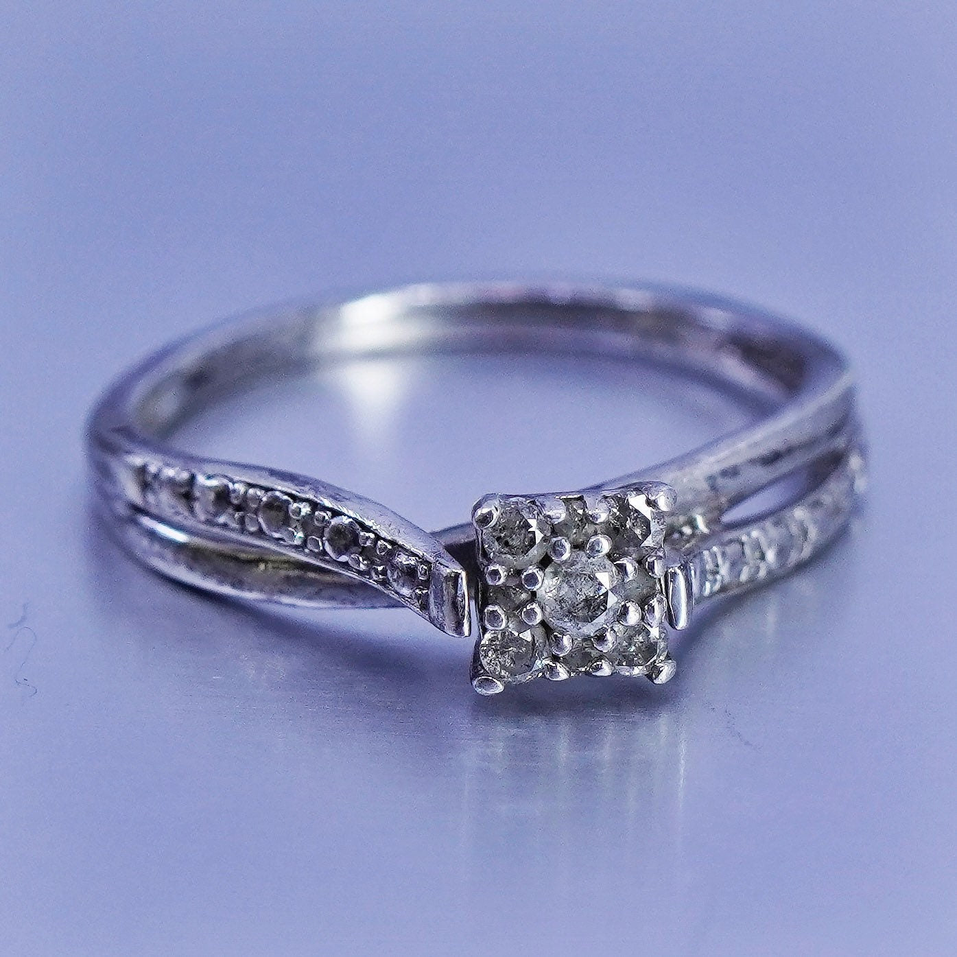 Size 7.25, vintage Sterling 925 silver ring with genuine cluster diamond