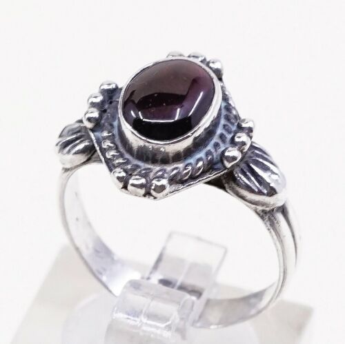 Sz 6, Vtg Sterling Silver Handmade Ring, 925 Band W Garnet N Bali Beads