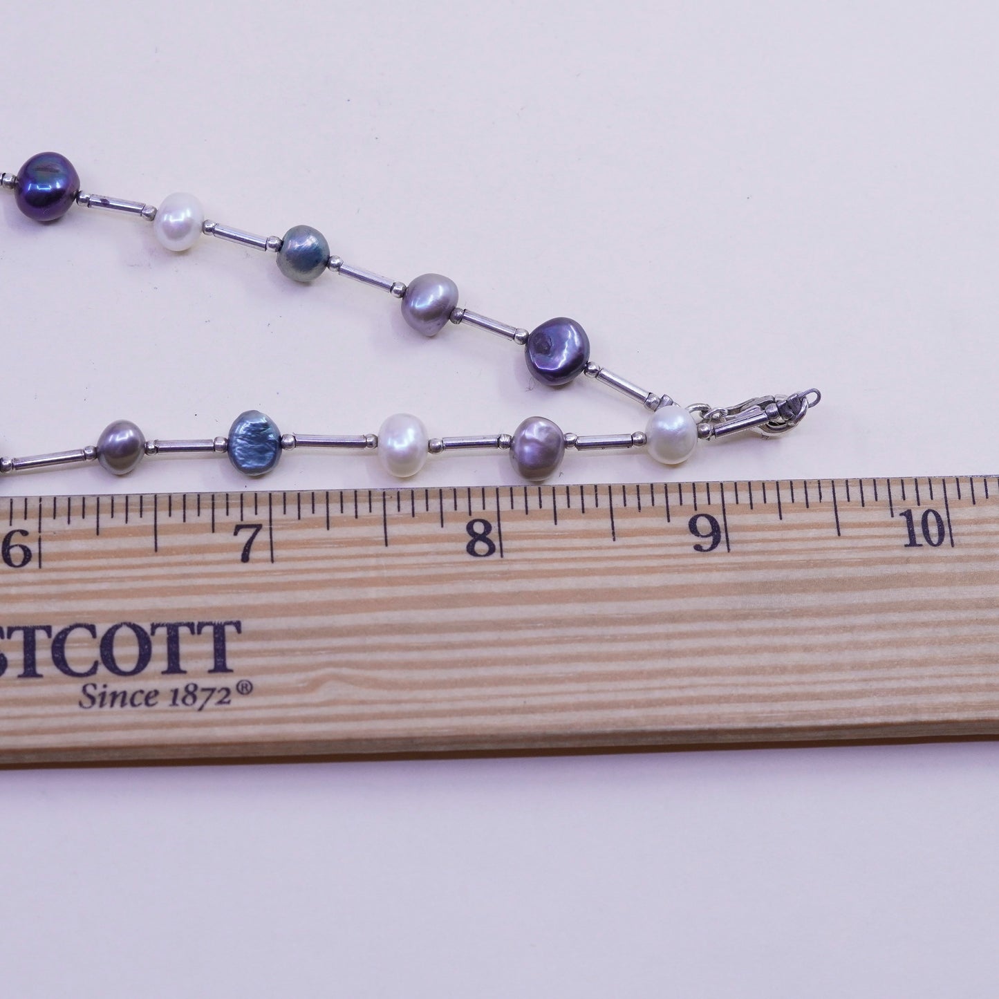20”, Vintage genuine pearl beads necklace chain with sterling 925 silver bar