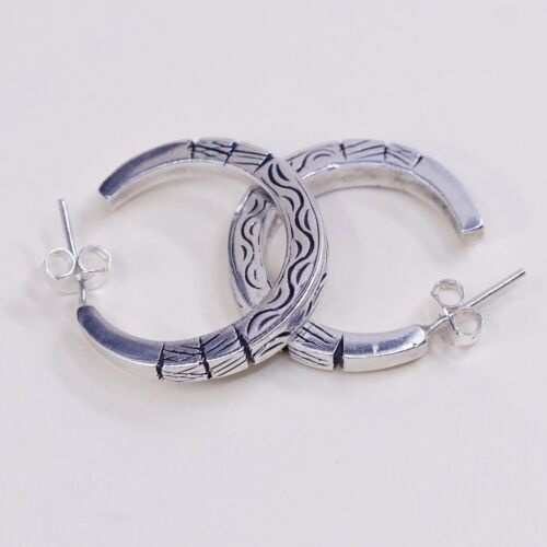 1”, Vtg 925 Sterling Silver Handmade Hoop Earrings, 925 Studs Textured huggie