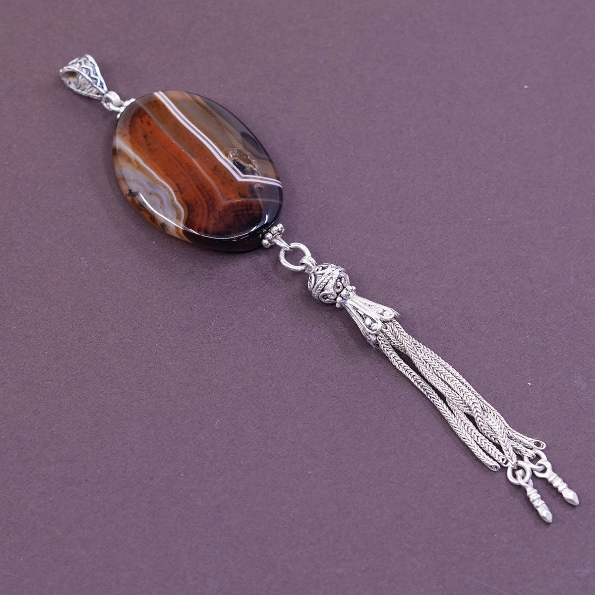 Southwestern Sterling silver handmade pendant, 925 w/ agate N wheat fringe
