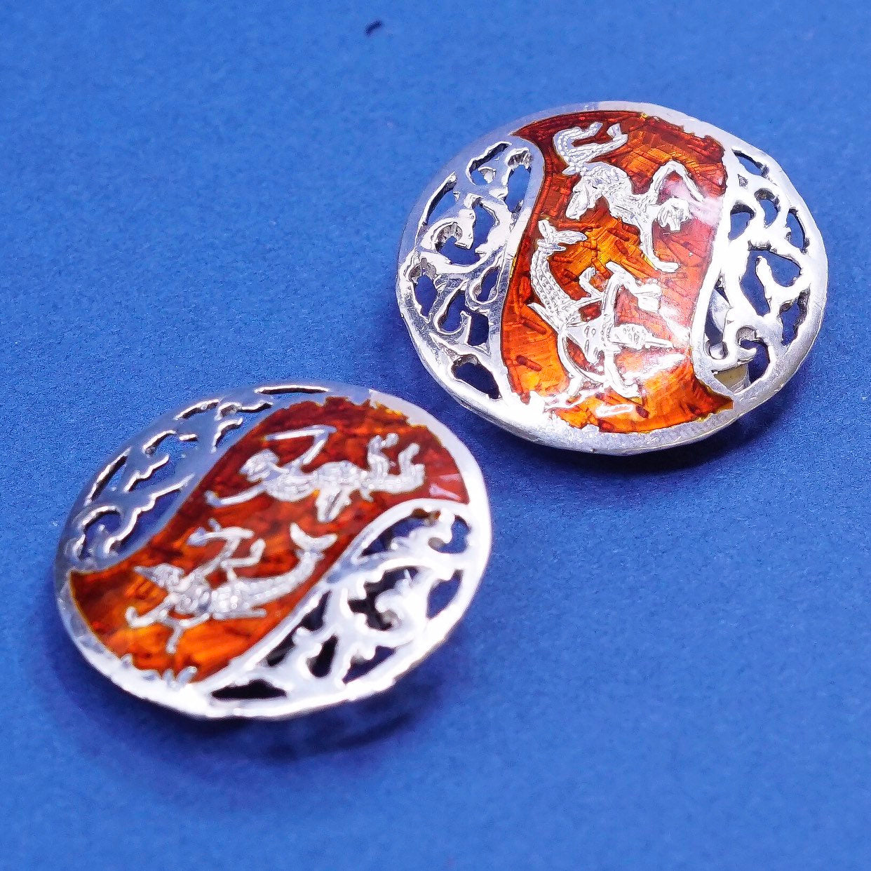 SIAM Sterling silver handmade earrings, 925 clip on w/ enamel Indian goddess