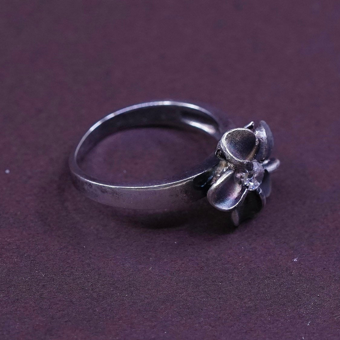 sz 5, vtg Sterling silver flower ring, modern 925 w/ Cz