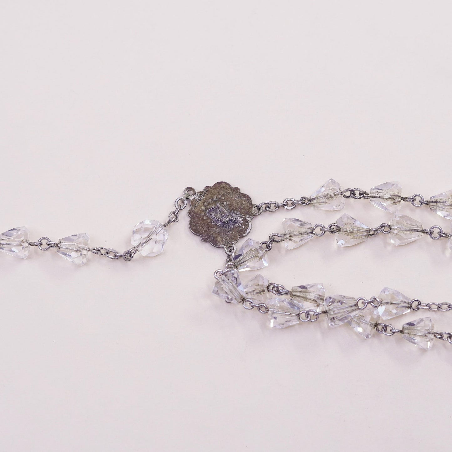 30”, sterling 925 silver rosary necklace with cross pendant and crystal beads