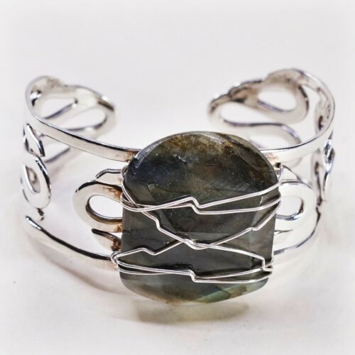 6.25”, Vtg Modern Handmade Sterling 925 Silver Cuff Bracelet W/ Labradorite