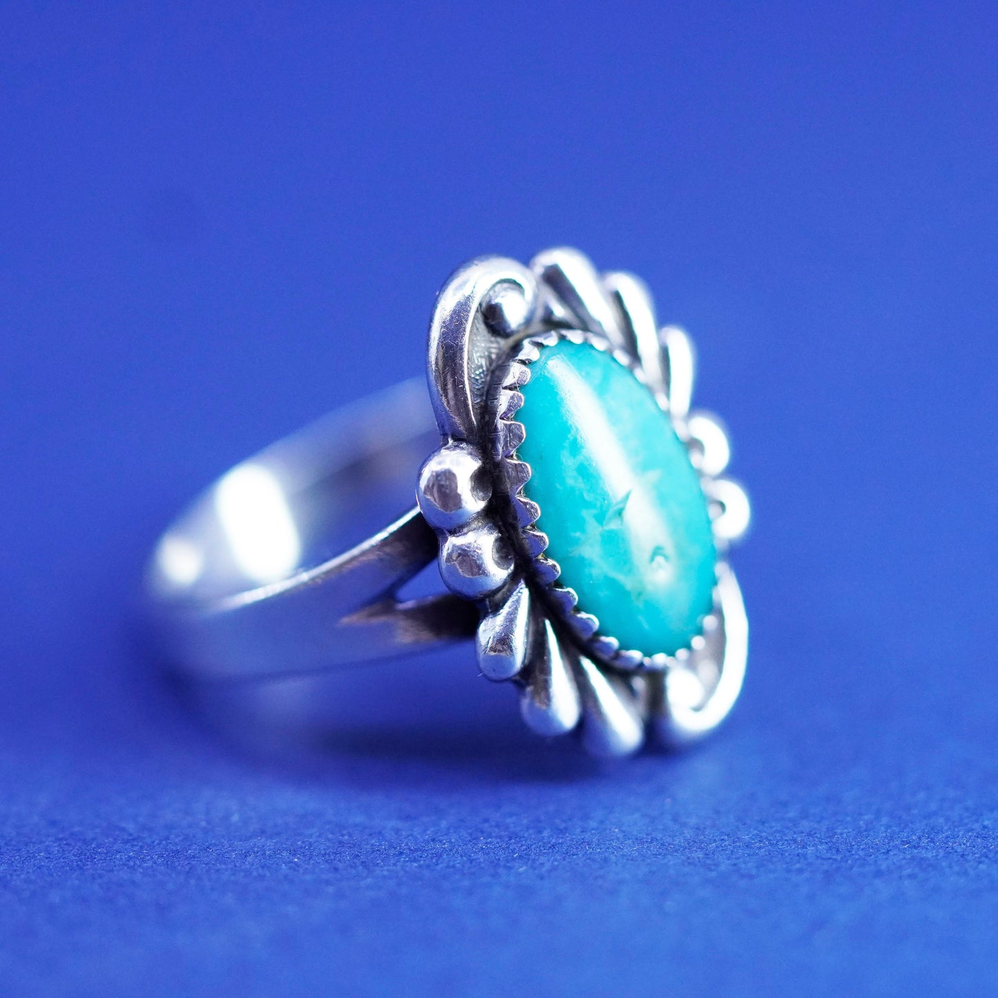Size 7.25, Native American bell trading Sterling silver handmade ring turquoise