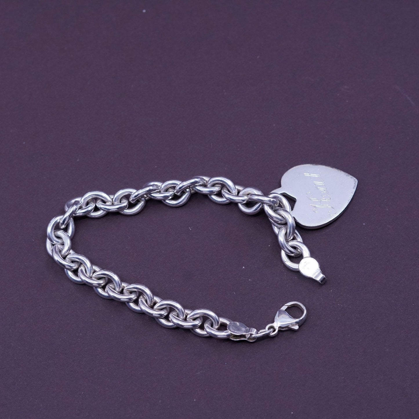 6.75”, 8mm, Sterling silver handmade charm bracelet, 925 circle chain w/ heart