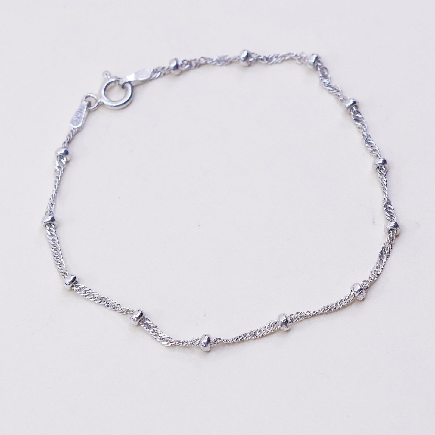 7”, 1mm, Vintage sterling silver bracelet, 925 twisted curb chain with beads