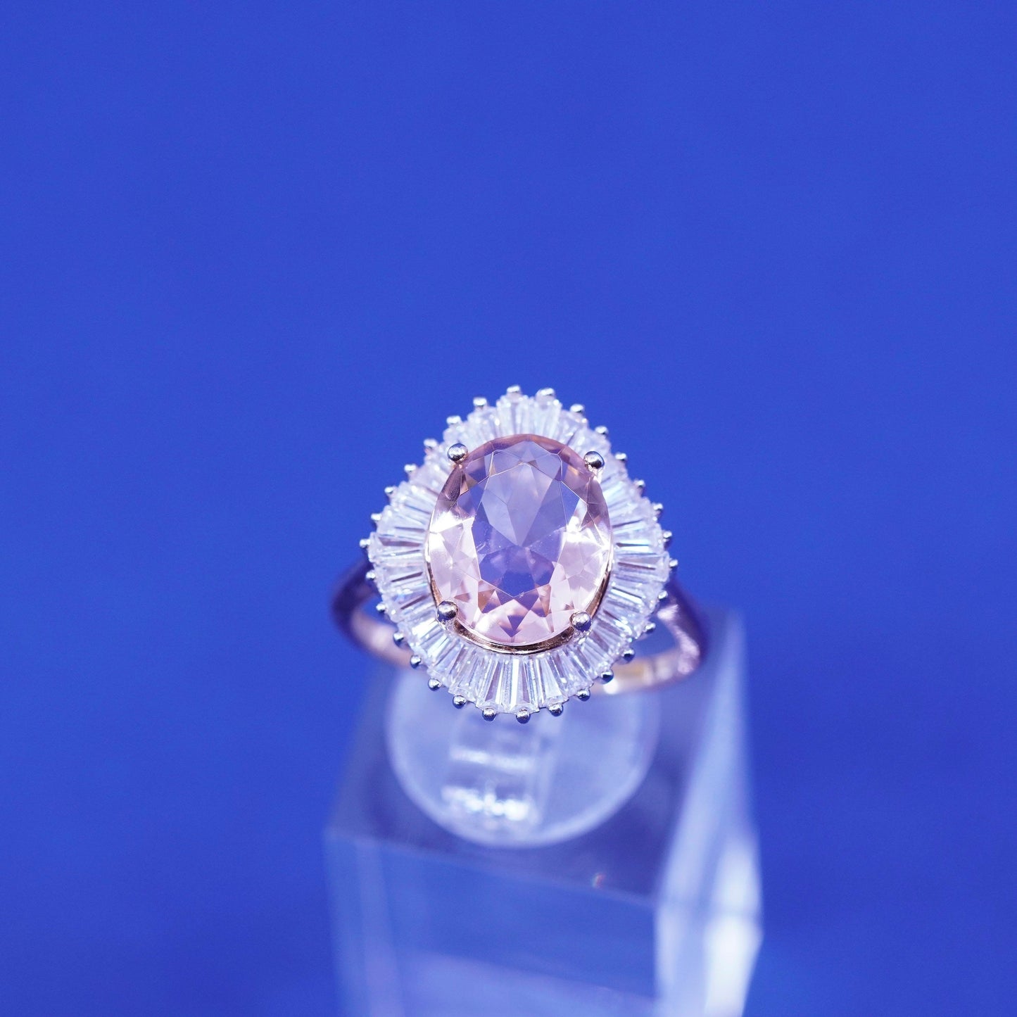 Size 8, vintage vermeil rose gold sterling silver ring pink crystal cluster Cz