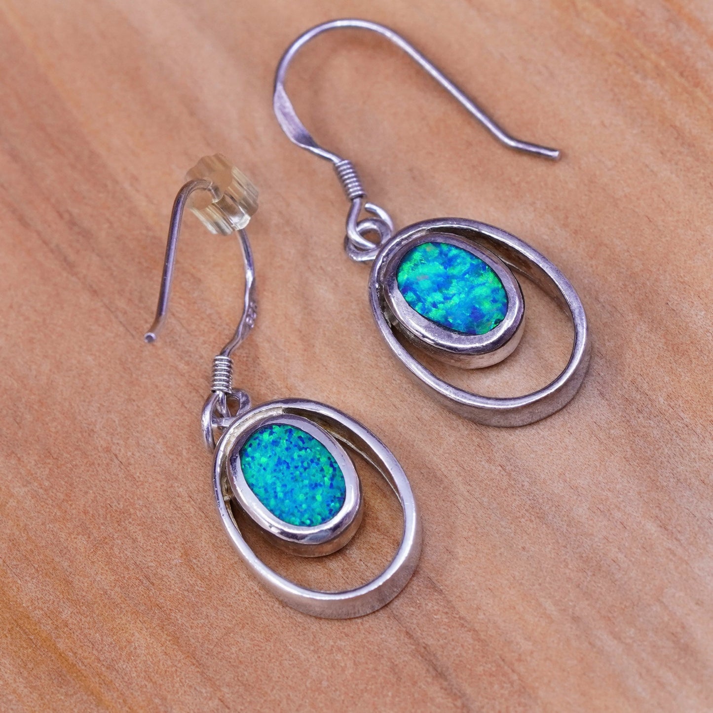 Vintage Sterling 925 silver handmade earrings with oval opal inlay