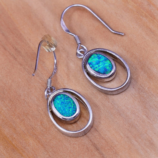 Vintage Sterling 925 silver handmade earrings with oval opal inlay