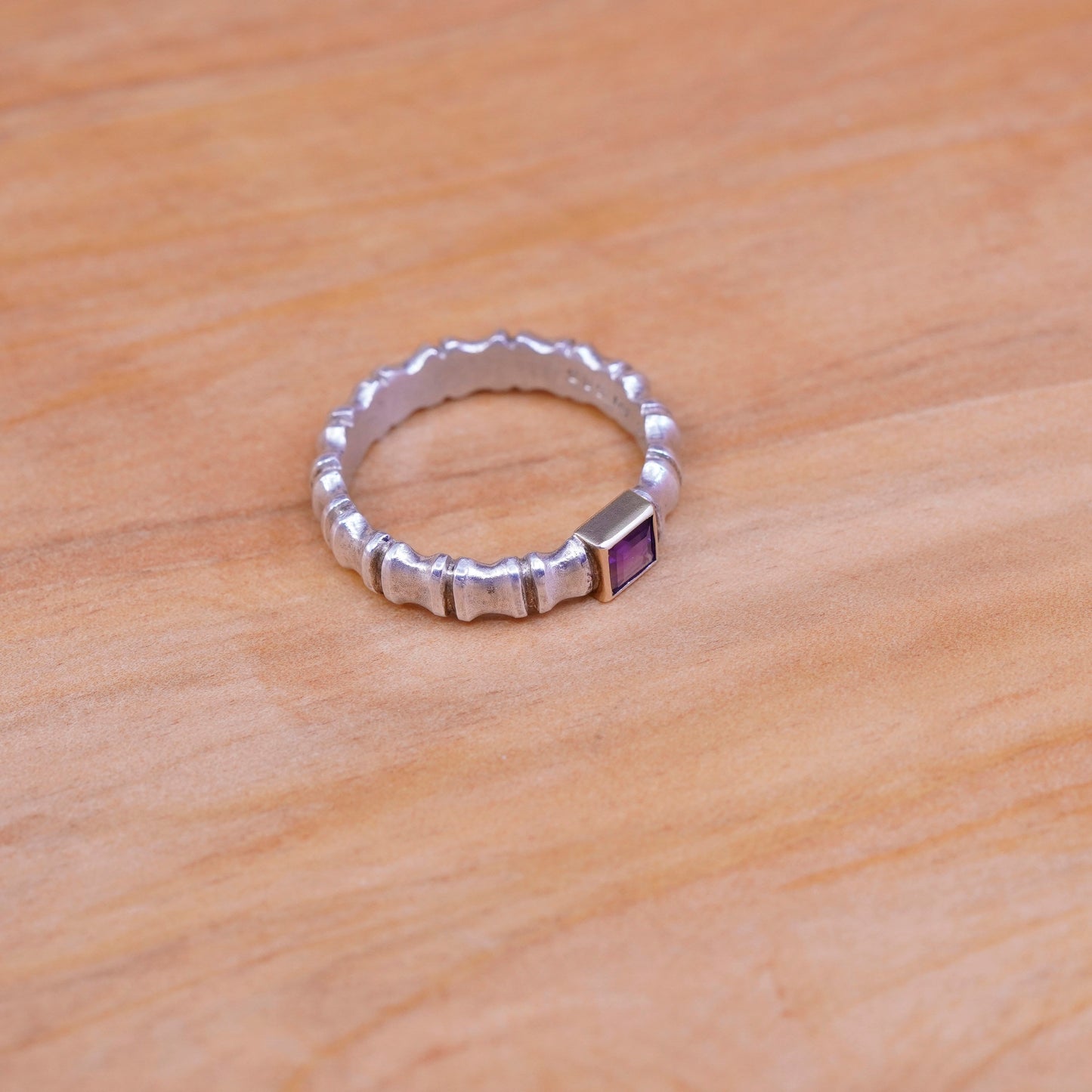 Size 7, AGAU 14K yellow gold Sterling silver ring, 925 bamboo band w/ amethyst