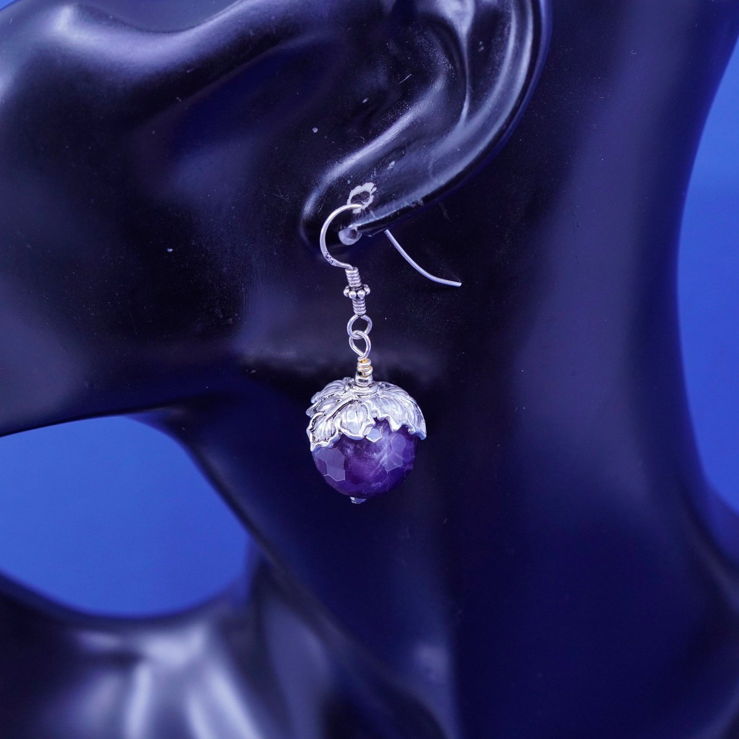 Vintage sterling 925 silver handmade leaf earrings with grape amethyst beads