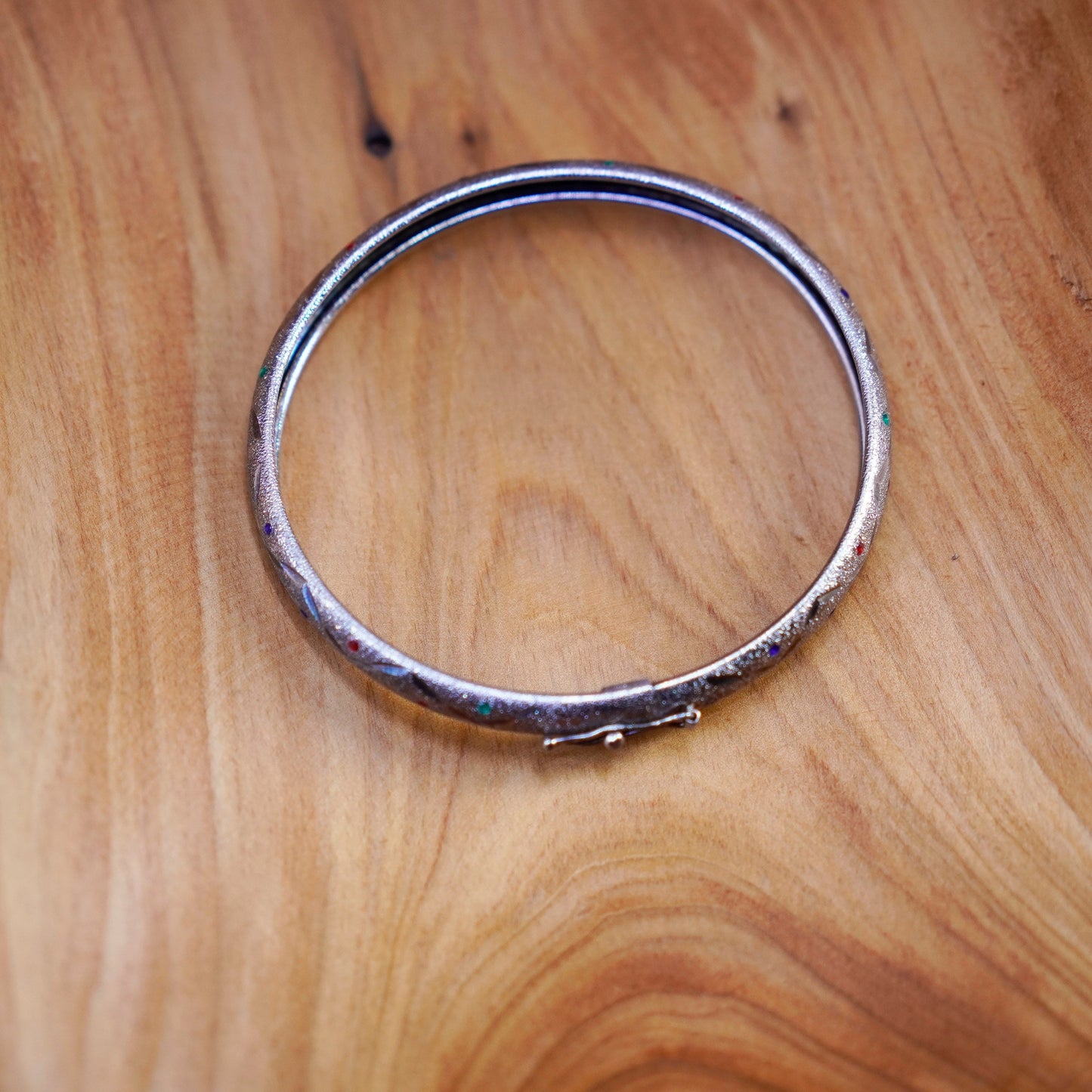 7.75”, sterling silver handmade bracelet, matte 925 hinged bangle colorful dots