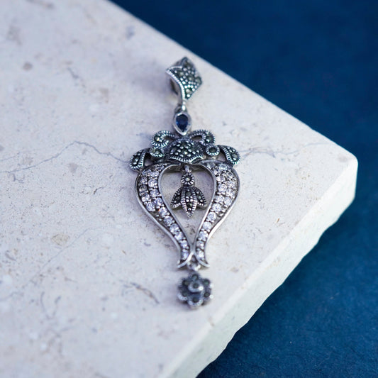 Vintage sterling 925 silver handmade pendant with clear crystal and marcasite