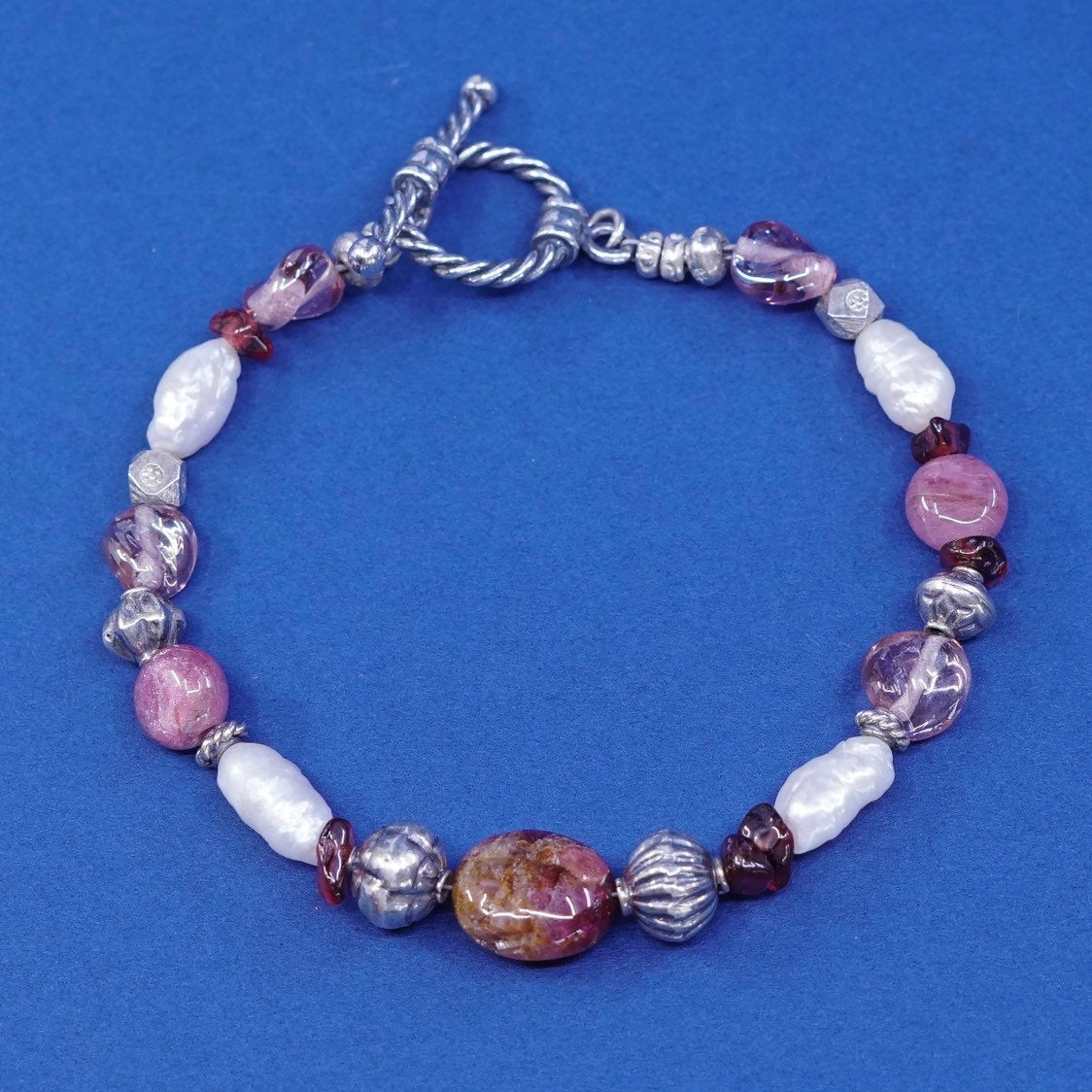 7", sterling 925 silver handmade bracelet, pearl w/ pink quartz beads