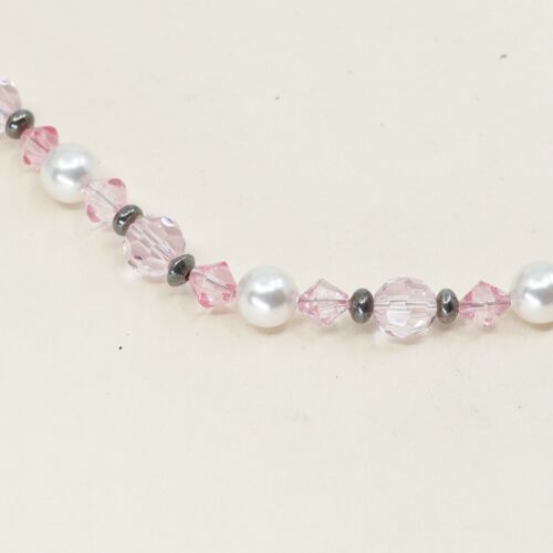 7”, Vtg Sterling Silver Handmade Bead Bracelet, taxco 925 n Pink Crystal Pearl