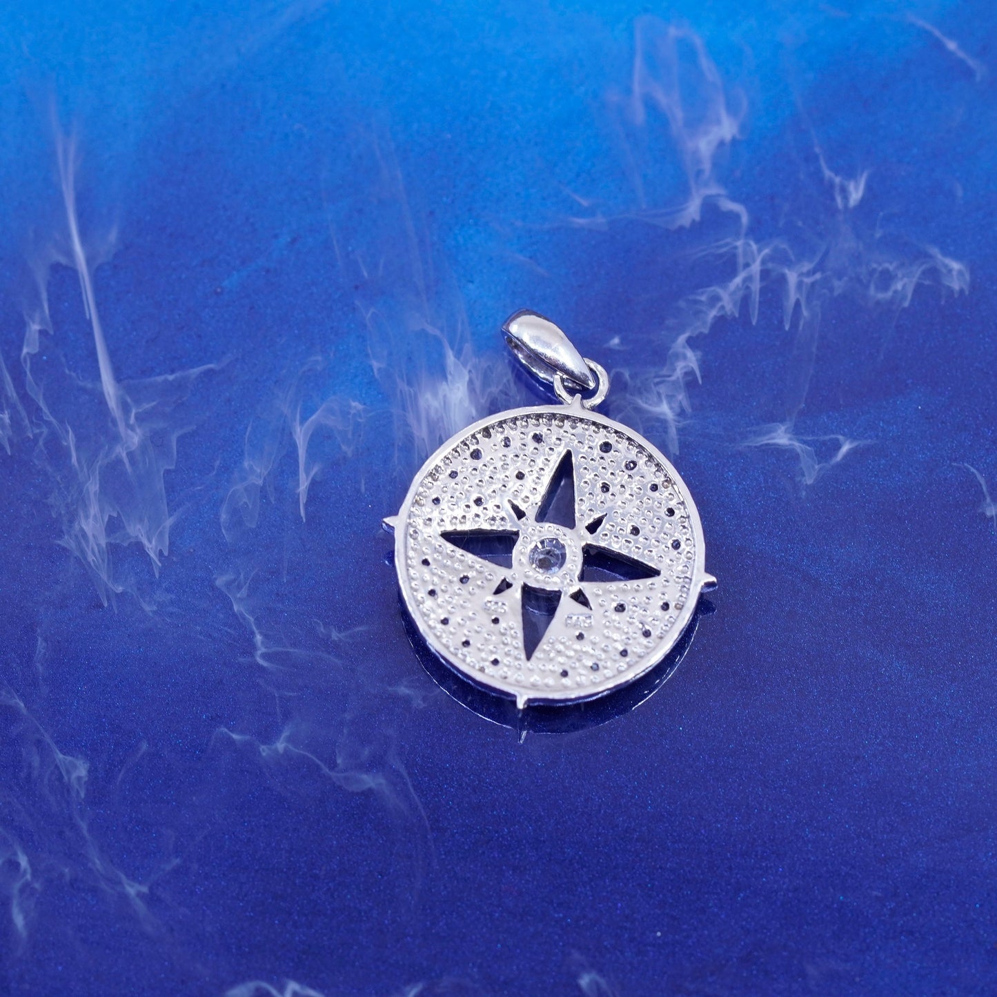 vintage Sterling silver handmade pendant, 925 compass with cluster cz